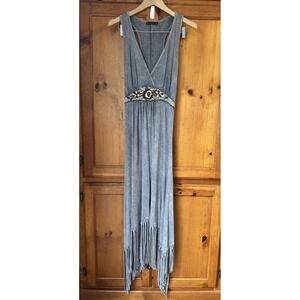 T Party Women's L Knit Maxi Dress Stone Washed Tank Western Cowgirl Fringe